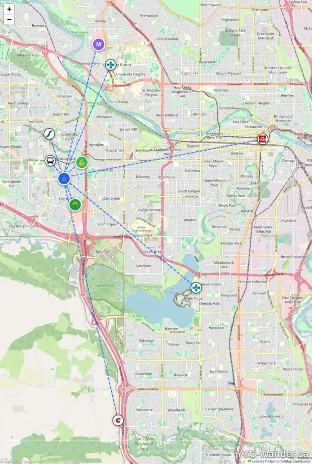 Daily accessibility map for 206 SIMCREST HT SW, Calgary showing nearby schools, grocery stores, parks, LRT stations and nearby amenities