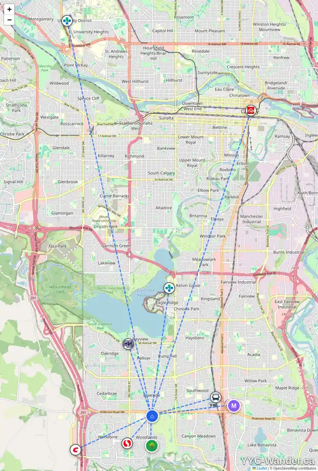 Daily accessibility map for 592 WOODPARK CR SW, Calgary showing nearby schools, grocery stores, parks, LRT stations and nearby amenities
