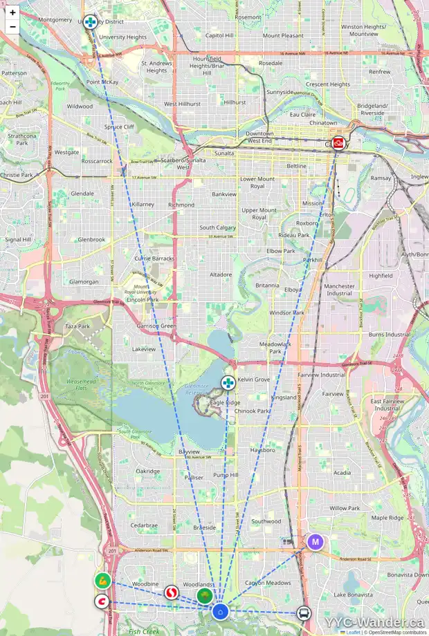 Daily accessibility map for 88 WOODGATE CL SW, Calgary showing nearby schools, grocery stores, parks, LRT stations and nearby amenities