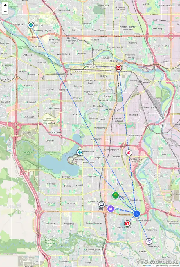 Daily accessibility map for 27 MAPLEGLADE CL SE, Calgary showing nearby schools, grocery stores, parks, LRT stations and nearby amenities