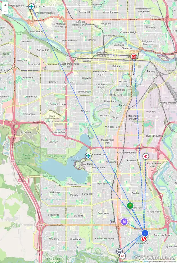 Daily accessibility map for 720 120 AV SE, Calgary showing nearby schools, grocery stores, parks, LRT stations and nearby amenities