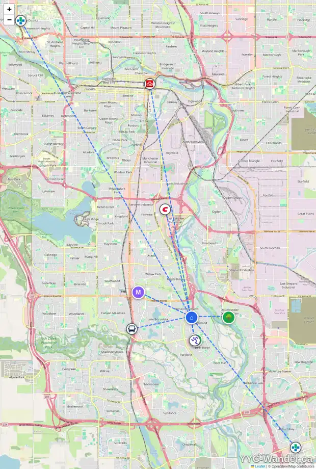 Daily accessibility map for 103 DIAMOND BA SE, Calgary showing nearby schools, grocery stores, parks, LRT stations and nearby amenities