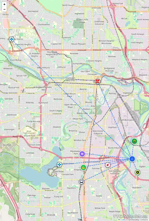 Daily accessibility map for 1719 66 AV SE, Calgary showing nearby schools, grocery stores, parks, LRT stations and nearby amenities