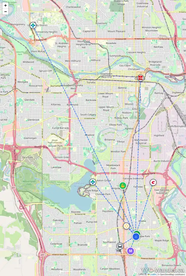 Daily accessibility map for 351 WASCANA CR SE, Calgary showing nearby schools, grocery stores, parks, LRT stations and nearby amenities