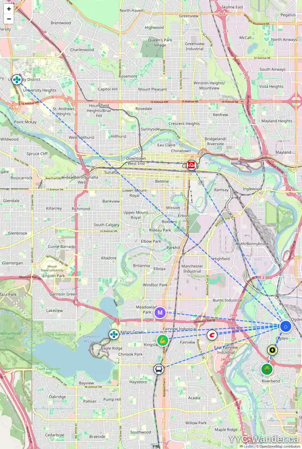 Daily accessibility map for 47 LYNNWOOD DR SE, Calgary showing nearby schools, grocery stores, parks, LRT stations and nearby amenities