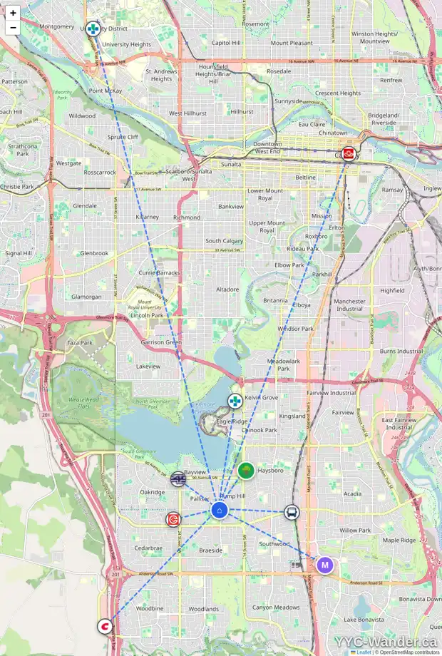 Daily accessibility map for 143 PUMP HILL PL SW, Calgary showing nearby schools, grocery stores, parks, LRT stations and nearby amenities