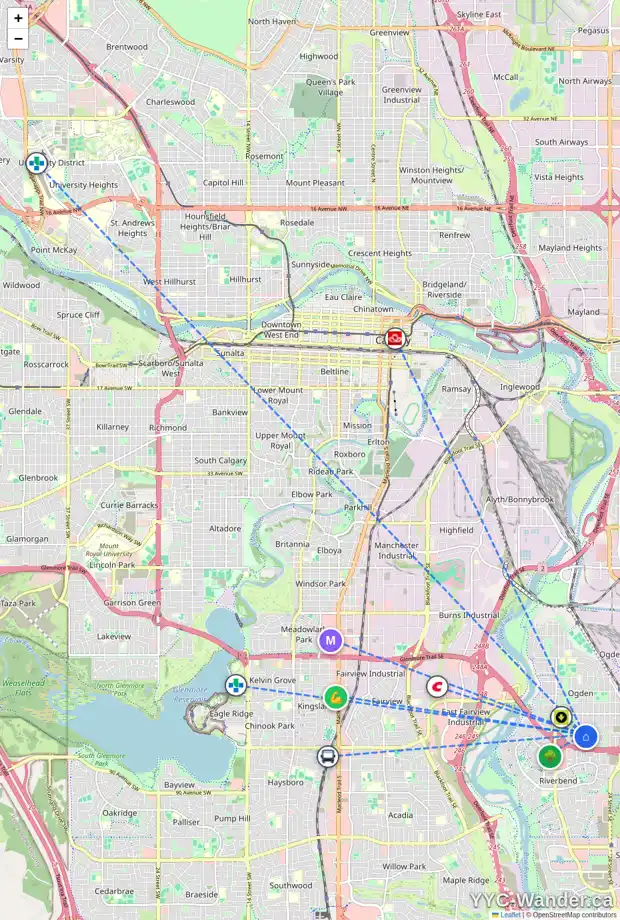 Daily accessibility map for 7840 21 ST SE, Calgary showing nearby schools, grocery stores, parks, LRT stations and nearby amenities