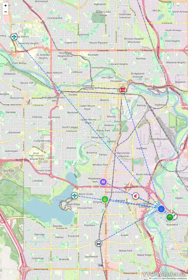 Daily accessibility map for 87 RIVERSIDE WY SE, Calgary showing nearby schools, grocery stores, parks, LRT stations and nearby amenities
