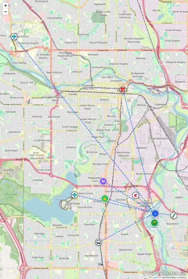 Daily accessibility map for 141 RIVERSIDE CI SE, Calgary showing nearby schools, grocery stores, parks, LRT stations and nearby amenities