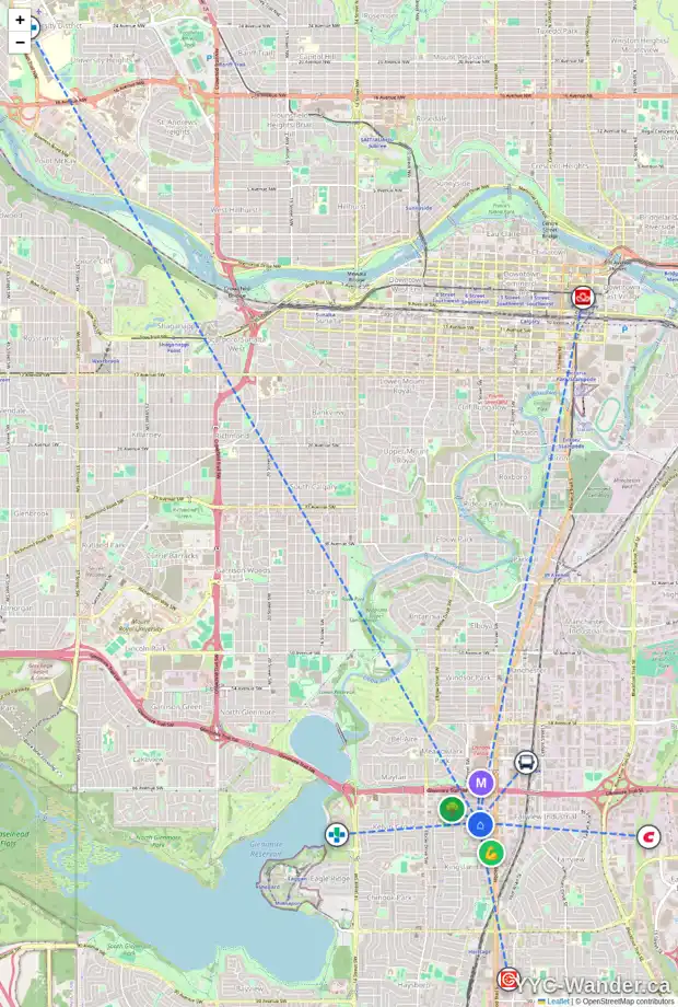 Daily accessibility map for 104 607 69 AV SW, Calgary showing nearby schools, grocery stores, parks, LRT stations and nearby amenities