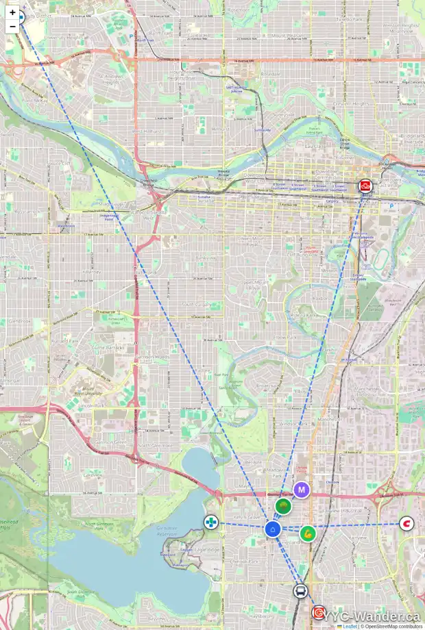 Daily accessibility map for 7307 7 ST SW, Calgary showing nearby schools, grocery stores, parks, LRT stations and nearby amenities