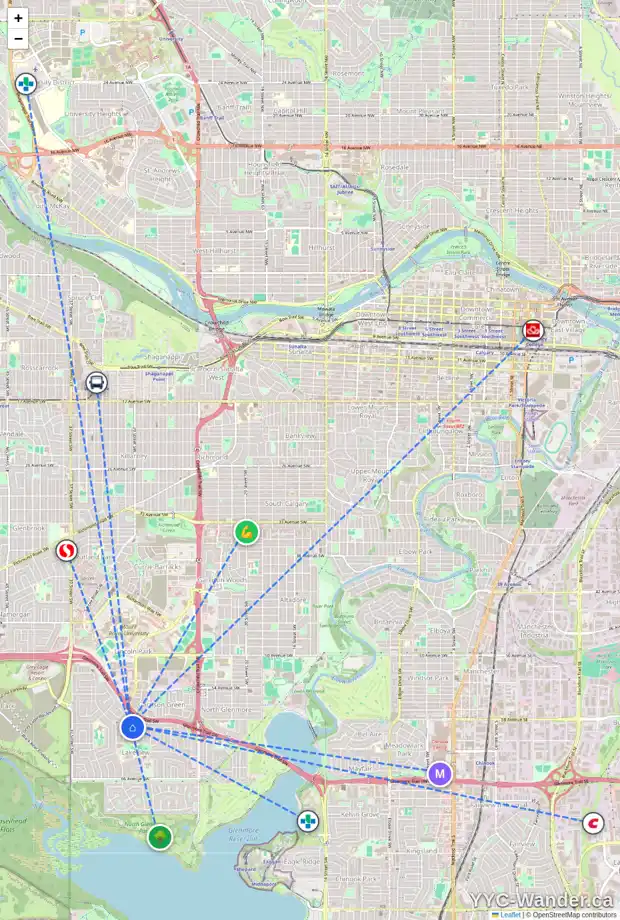Daily accessibility map for 3424 LANE CR SW, Calgary showing nearby schools, grocery stores, parks, LRT stations and nearby amenities