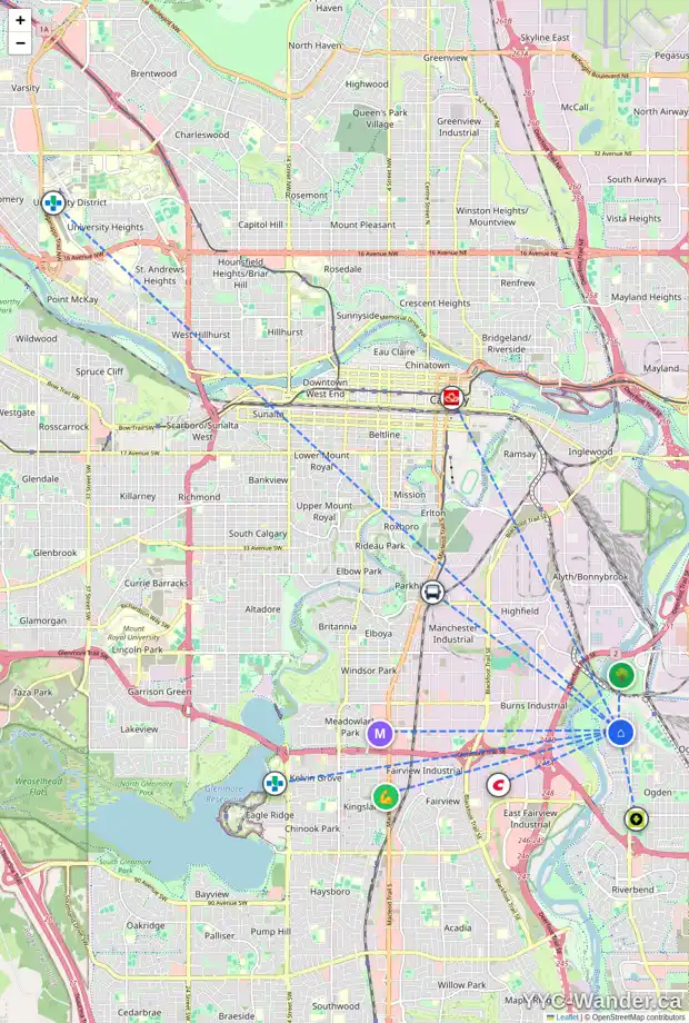 Daily accessibility map for 1723 62 AV SE, Calgary showing nearby schools, grocery stores, parks, LRT stations and nearby amenities