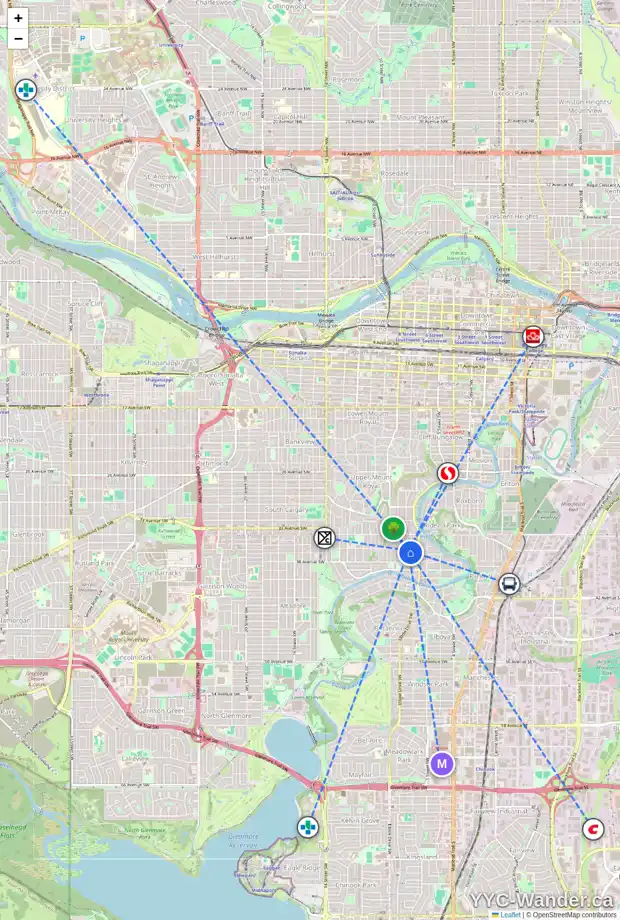 Daily accessibility map for 3807 6 ST SW, Calgary showing nearby schools, grocery stores, parks, LRT stations and nearby amenities