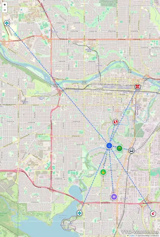 Daily accessibility map for 415 38 AV SW, Calgary showing nearby schools, grocery stores, parks, LRT stations and nearby amenities