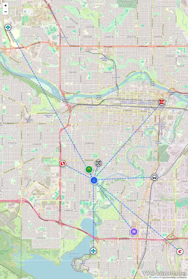 Daily accessibility map for 4215 15 ST SW, Calgary showing nearby schools, grocery stores, parks, LRT stations and nearby amenities