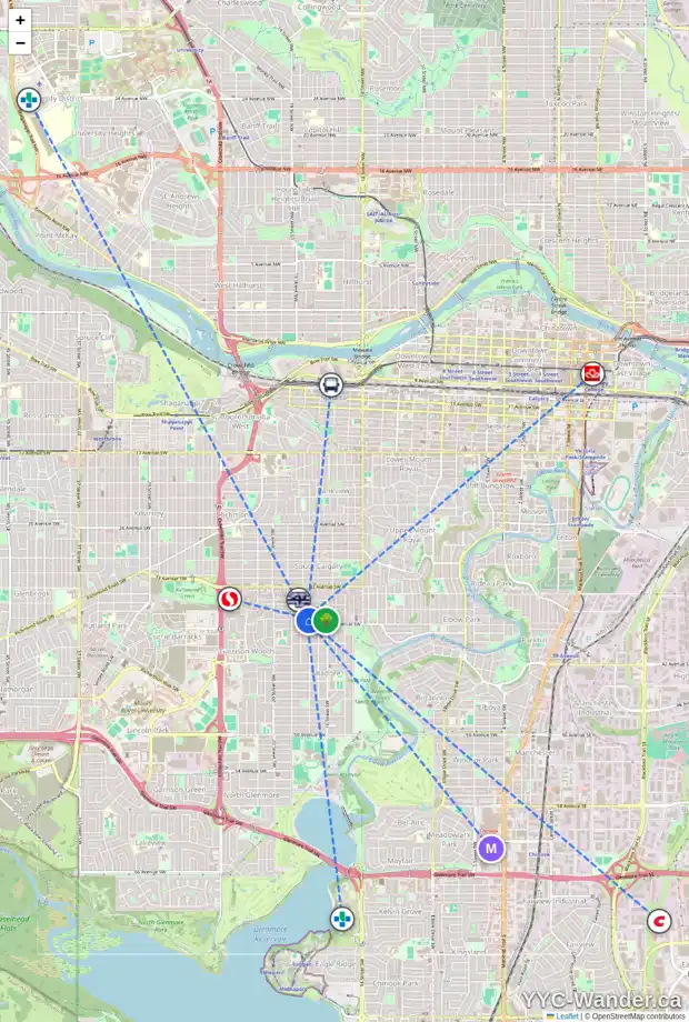 Daily accessibility map for 3811 17 ST SW, Calgary showing nearby schools, grocery stores, parks, LRT stations and nearby amenities