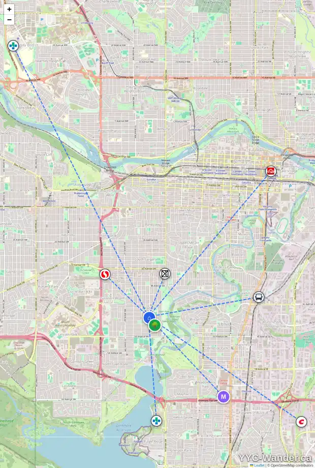Daily accessibility map for 4605 16 ST SW, Calgary showing nearby schools, grocery stores, parks, LRT stations and nearby amenities