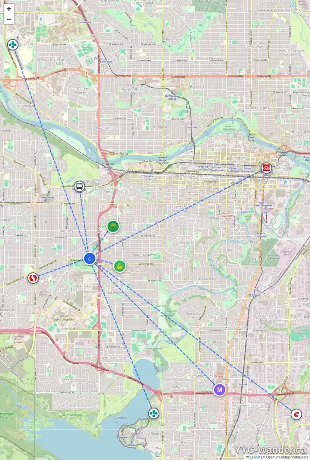 Daily accessibility map for 2616 32 AV SW, Calgary showing nearby schools, grocery stores, parks, LRT stations and nearby amenities