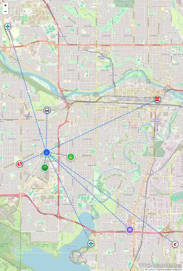 Daily accessibility map for 2728 32 AV SW, Calgary showing nearby schools, grocery stores, parks, LRT stations and nearby amenities