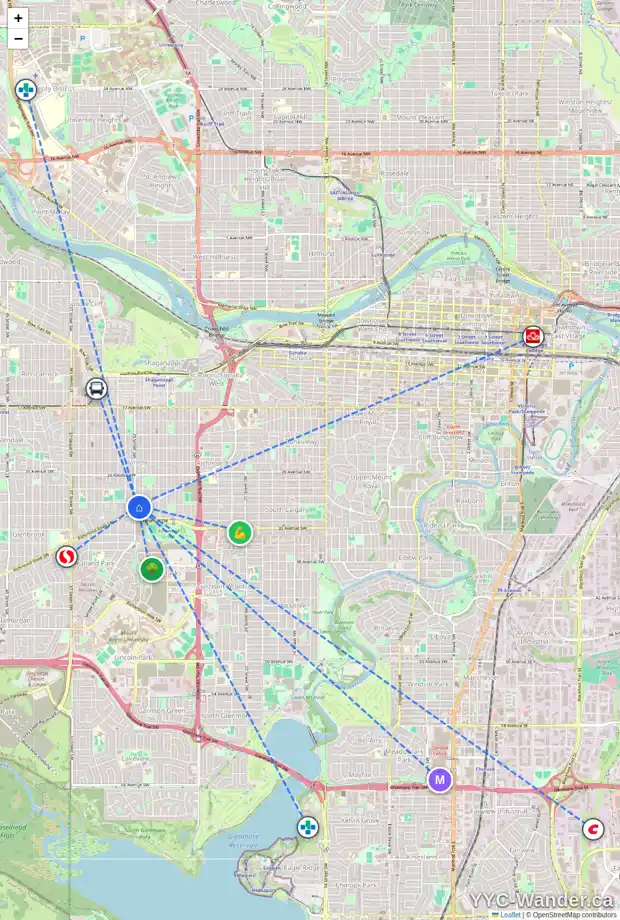 Daily accessibility map for 3214 29 ST SW, Calgary showing nearby schools, grocery stores, parks, LRT stations and nearby amenities