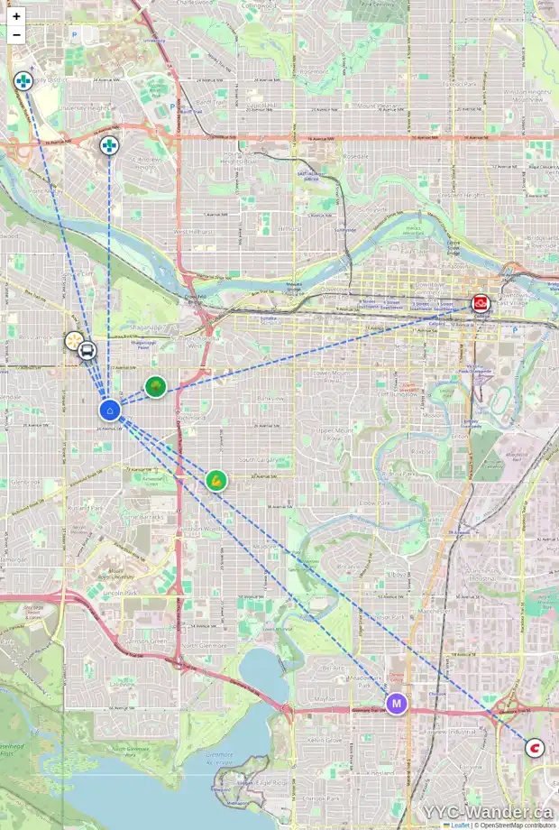 Daily accessibility map for 2414 31 ST SW, Calgary showing nearby schools, grocery stores, parks, LRT stations and nearby amenities