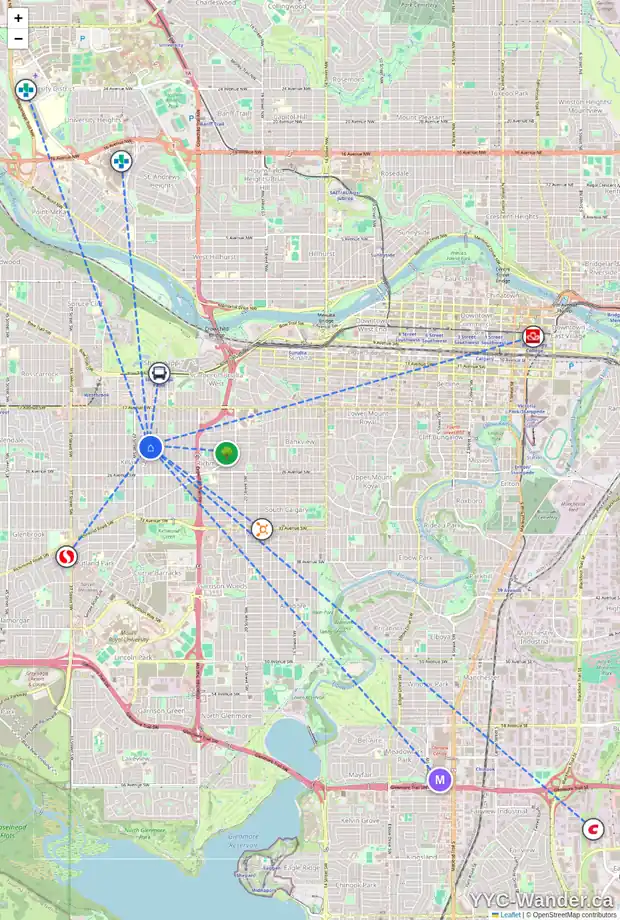 Daily accessibility map for 2235 27 ST SW, Calgary showing nearby schools, grocery stores, parks, LRT stations and nearby amenities