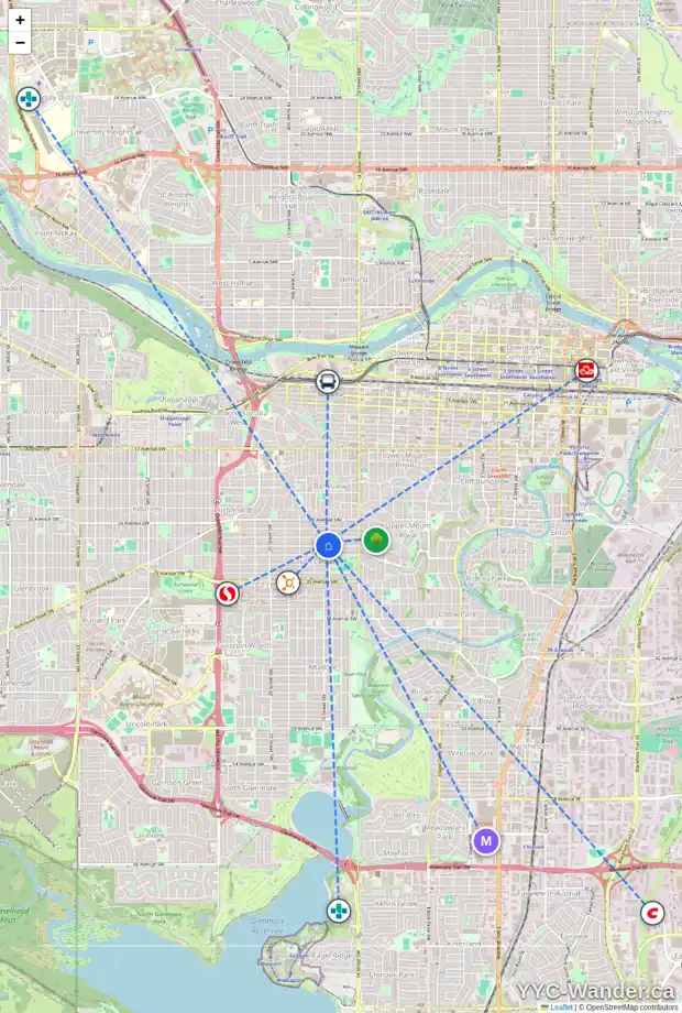 Daily accessibility map for 1708 29 AV SW, Calgary showing nearby schools, grocery stores, parks, LRT stations and nearby amenities