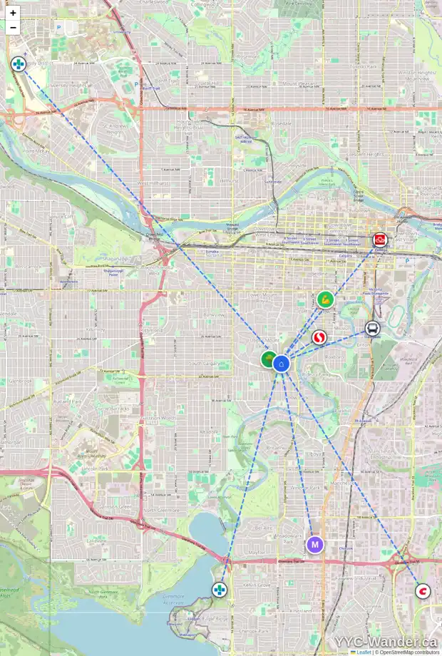 Daily accessibility map for 3202 8 ST SW, Calgary showing nearby schools, grocery stores, parks, LRT stations and nearby amenities