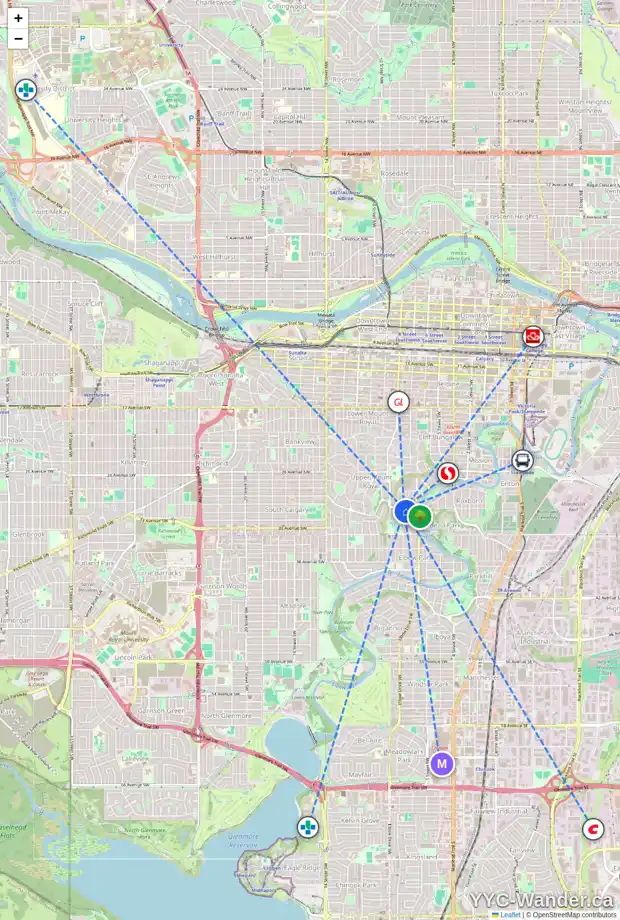 Daily accessibility map for 3207 6 ST SW, Calgary showing nearby schools, grocery stores, parks, LRT stations and nearby amenities