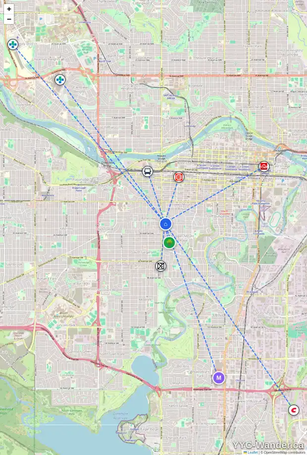 Daily accessibility map for 2237 13 ST SW, Calgary showing nearby schools, grocery stores, parks, LRT stations and nearby amenities