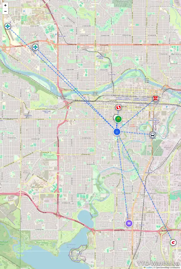 Daily accessibility map for 2208 AMHERST ST SW, Calgary showing nearby schools, grocery stores, parks, LRT stations and nearby amenities