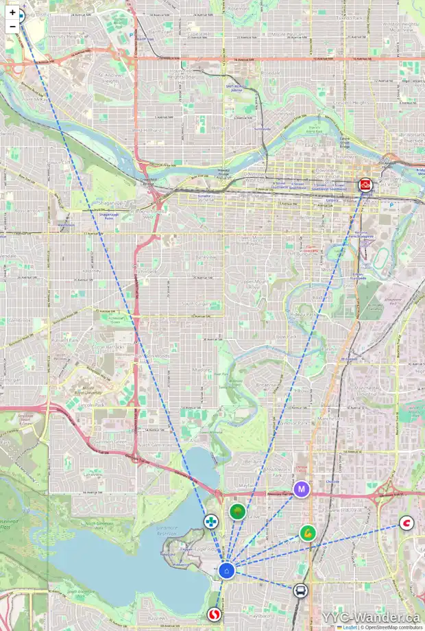 Daily accessibility map for 8048 CHARDIE RD SW, Calgary showing nearby schools, grocery stores, parks, LRT stations and nearby amenities