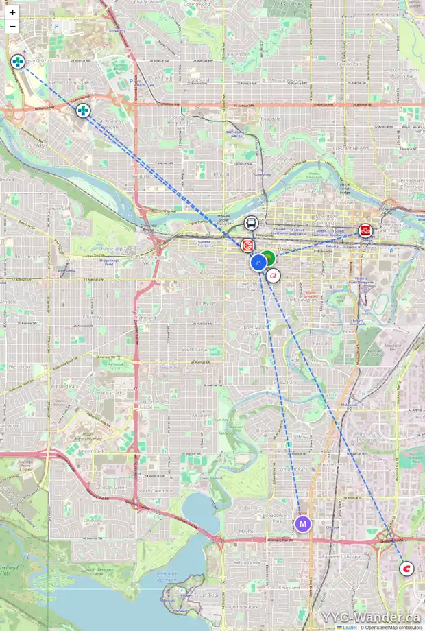 Daily accessibility map for 1029 13 AV SW, Calgary showing nearby schools, grocery stores, parks, LRT stations and nearby amenities