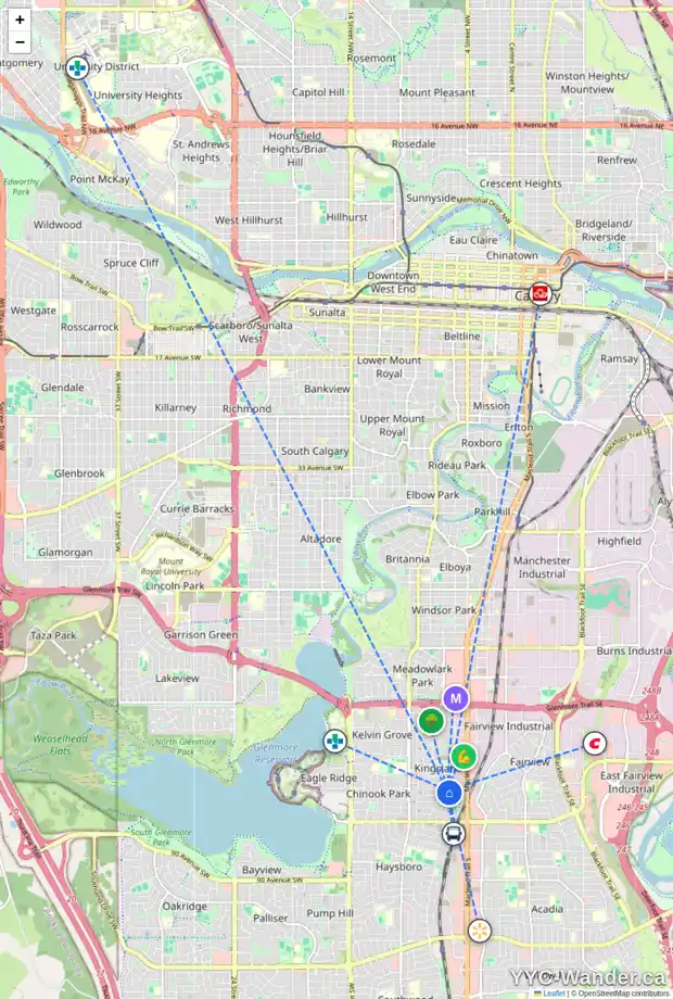 Daily accessibility map for 524 78 AV SW, Calgary showing nearby schools, grocery stores, parks, LRT stations and nearby amenities