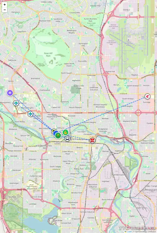 Daily accessibility map for 1818 BOWNESS RD NW, Calgary showing nearby schools, grocery stores, parks, LRT stations and nearby amenities