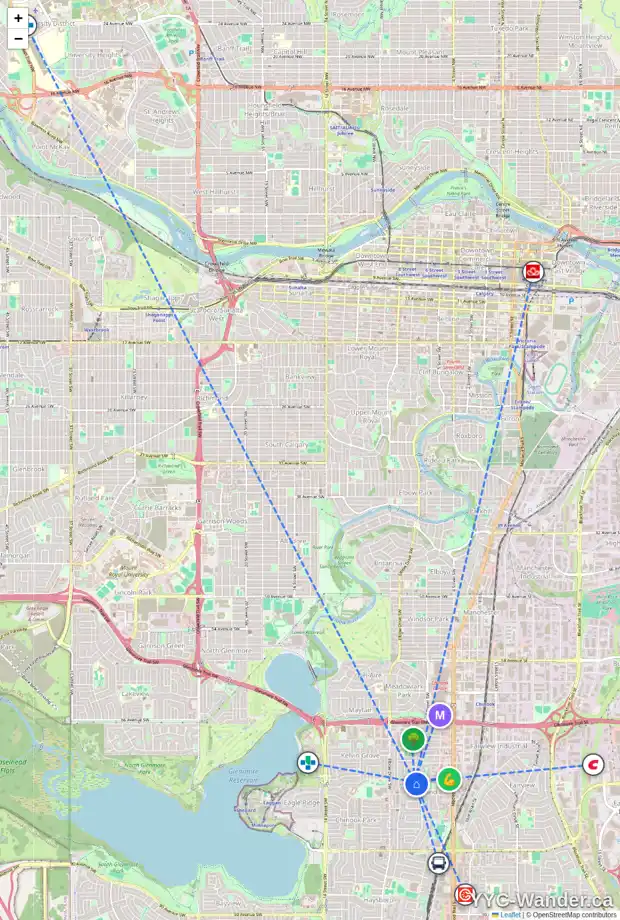 Daily accessibility map for 7419 5 ST SW, Calgary showing nearby schools, grocery stores, parks, LRT stations and nearby amenities
