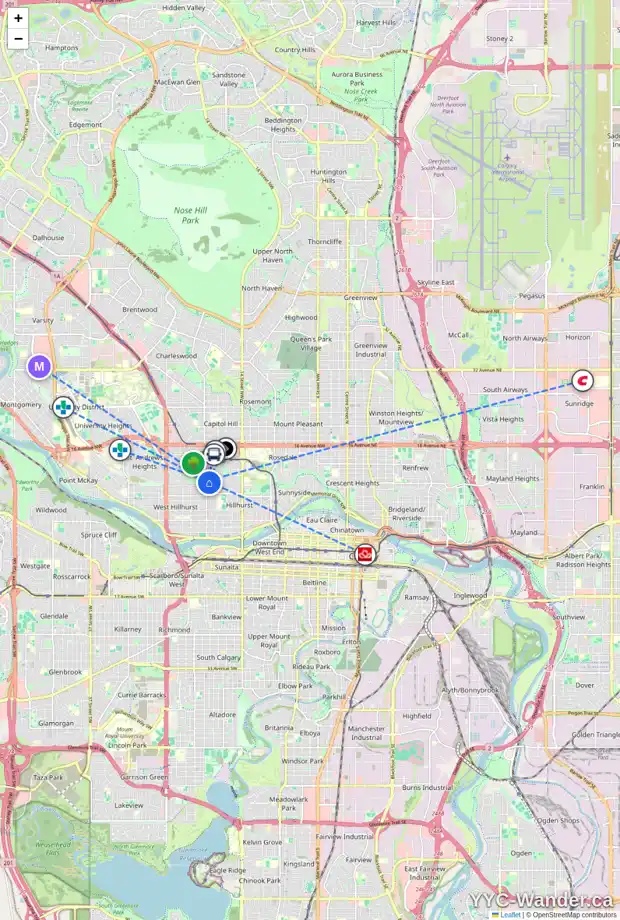 Daily accessibility map for 1951 9 AV NW, Calgary showing nearby schools, grocery stores, parks, LRT stations and nearby amenities