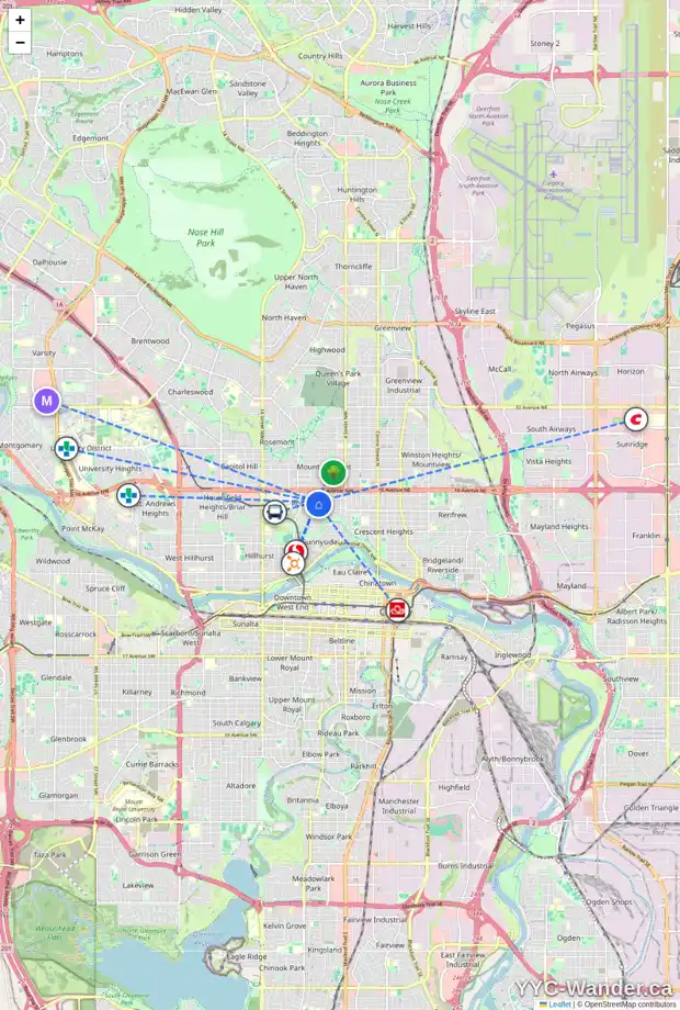 Daily accessibility map for 1428 7A ST NW, Calgary showing nearby schools, grocery stores, parks, LRT stations and nearby amenities