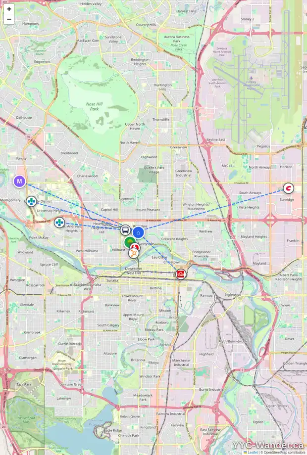 Daily accessibility map for 1302 CRESCENT RD NW, Calgary showing nearby schools, grocery stores, parks, LRT stations and nearby amenities