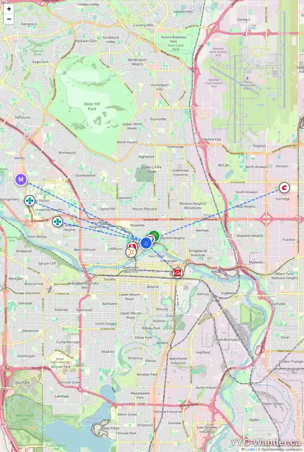 Daily accessibility map for 202 6 ST NW, Calgary showing nearby schools, grocery stores, parks, LRT stations and nearby amenities
