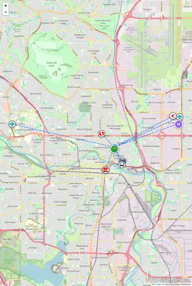 Daily accessibility map for 640 8 AV NE, Calgary showing nearby schools, grocery stores, parks, LRT stations and nearby amenities