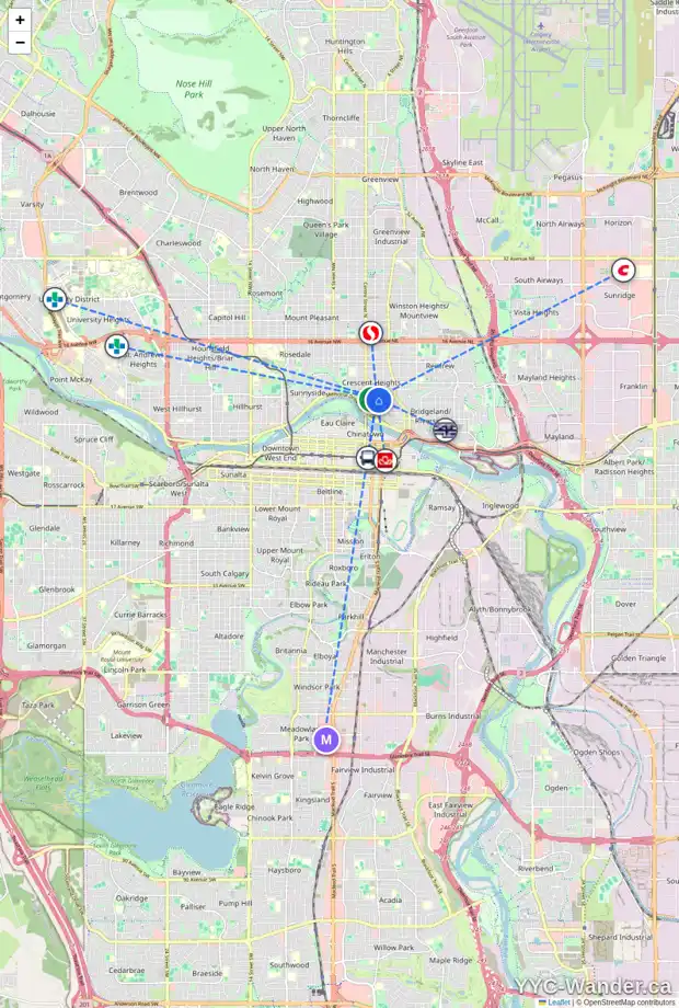Daily accessibility map for 209 5 AV NE, Calgary showing nearby schools, grocery stores, parks, LRT stations and nearby amenities