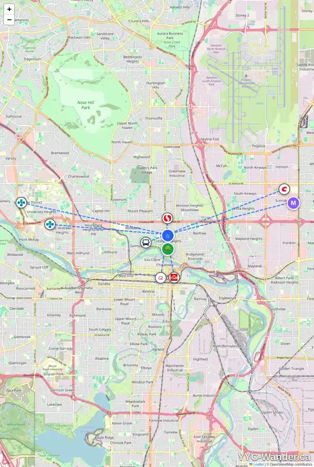 Daily accessibility map for 117 11 AV NE, Calgary showing nearby schools, grocery stores, parks, LRT stations and nearby amenities