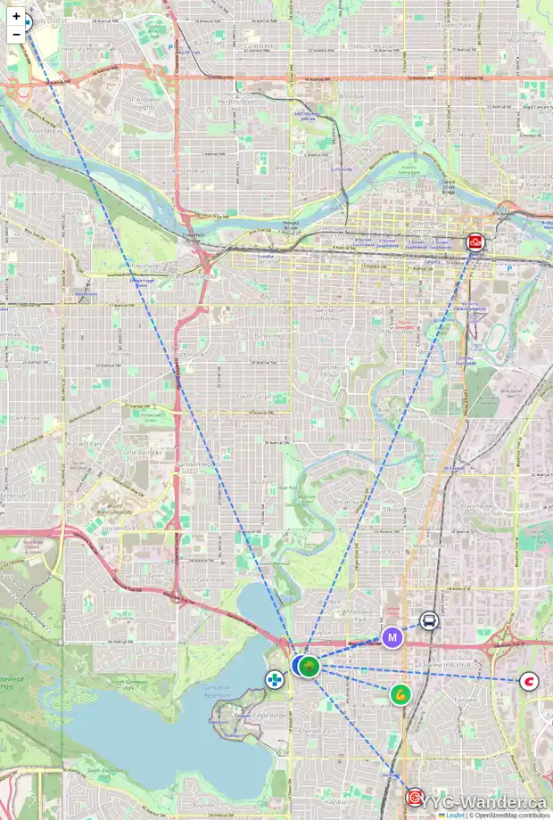 Daily accessibility map for 1336 KELOWNA CR SW, Calgary showing nearby schools, grocery stores, parks, LRT stations and nearby amenities