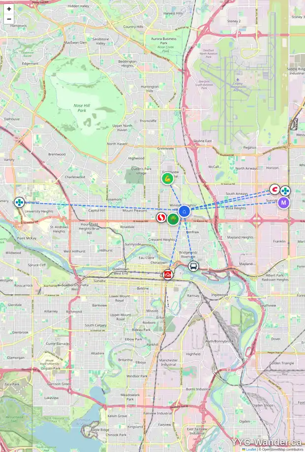 Daily accessibility map for 2103B 7 ST NE, Calgary showing nearby schools, grocery stores, parks, LRT stations and nearby amenities