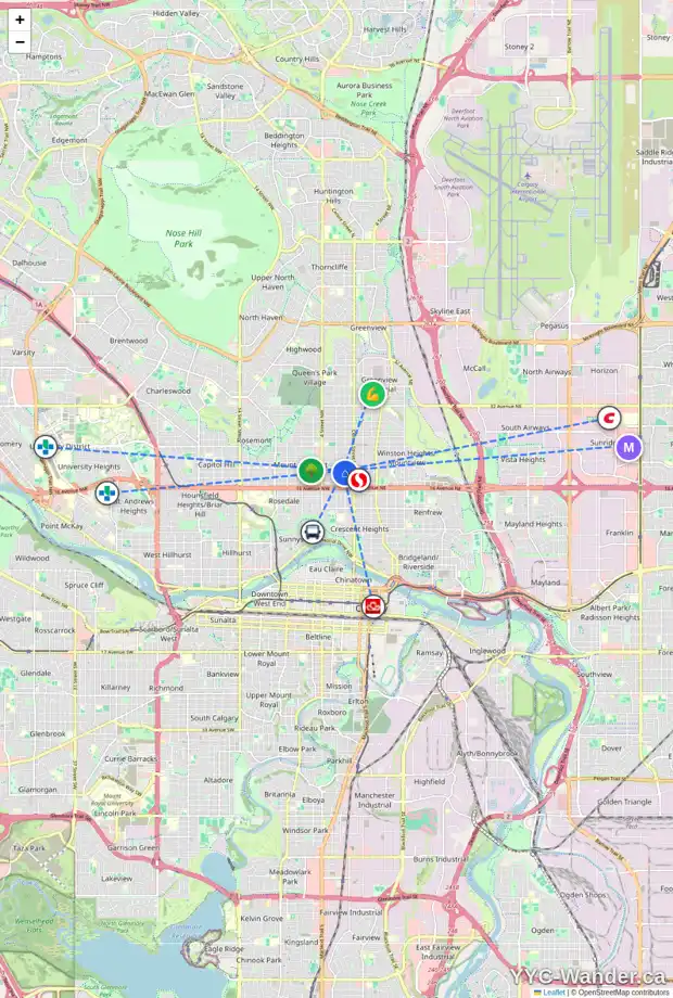 Daily accessibility map for 224 19 AV NW, Calgary showing nearby schools, grocery stores, parks, LRT stations and nearby amenities
