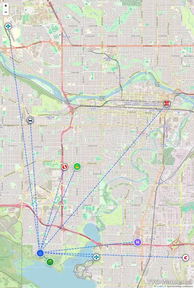 Daily accessibility map for 6932 LIVINGSTONE DR SW, Calgary showing nearby schools, grocery stores, parks, LRT stations and nearby amenities
