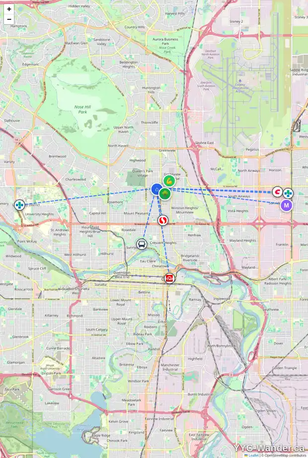 Daily accessibility map for 206 31 AV NW, Calgary showing nearby schools, grocery stores, parks, LRT stations and nearby amenities