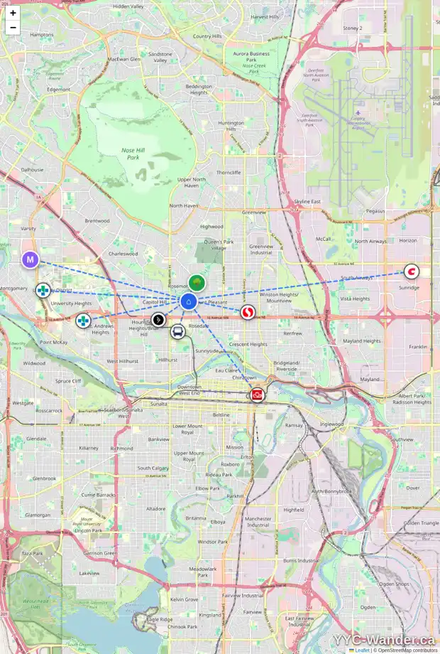 Daily accessibility map for 1140 21 AV NW, Calgary showing nearby schools, grocery stores, parks, LRT stations and nearby amenities